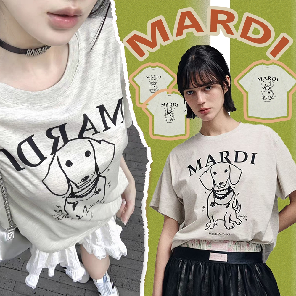 พร้อมส่ง MARDI Mercredi เสื้อยืด Swing The Tail Ddanji Pearl Necklace Cotton แฟชั่นสไตล์เกาหลี Oatmeal Black ฟรีไซซ์