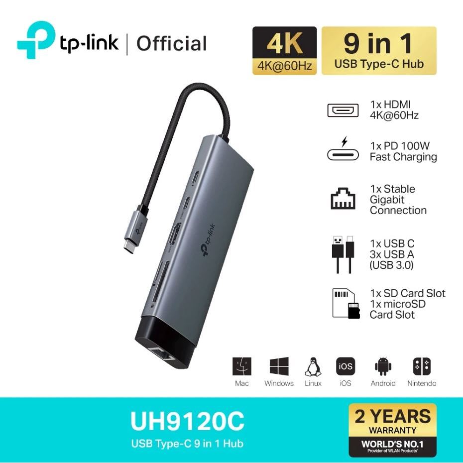 TP-Link UH9120C USB-C 9 in 1 ฮับยูเอสบี Hub พอร์ตเดียวรองรับการใช้งานได้ 9 พอร์ต ต่อจอเสริมผ่านพอร์ต