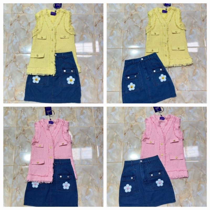 600 เหลืองมีM,L,XL ชมมีS,M,L [เอวเล็ก1"]เสื้อ24"กป16"เซตกระโปรงยีนส์สั้นทรงคาโก้