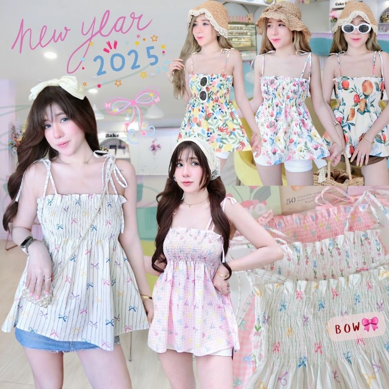 𝑩𝒀𝒁𝑨𝒁𝑨🎉สายเดี่ยวผูกไหล่FLORA/โบว์ลายใหม่🎀 🍊🌸ผ้าพิมพ์ลายสวยมาก