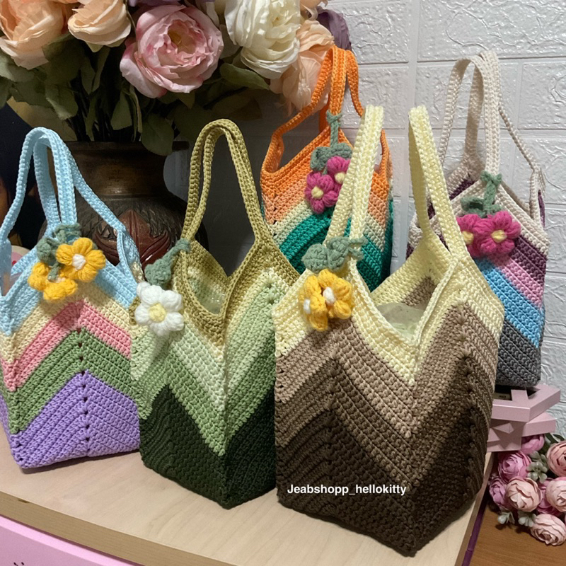 🌈กระเป๋าถักเชือกร่มทรงถุงแกงsizeMพร้อมส่ง