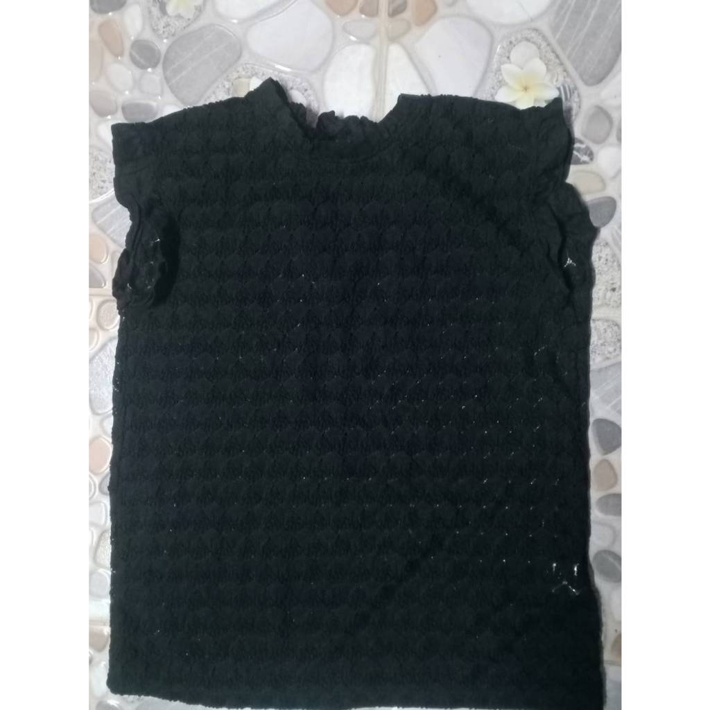 ถ512(ด11)#ส10เสื้อสีดำแขนลำงานฉลุแต่งคอระบายงานป้ายGUใส่ออกงานสำคัญๆๆ  รอบเอว:"  รอบอก:34"  เสื้อยาว