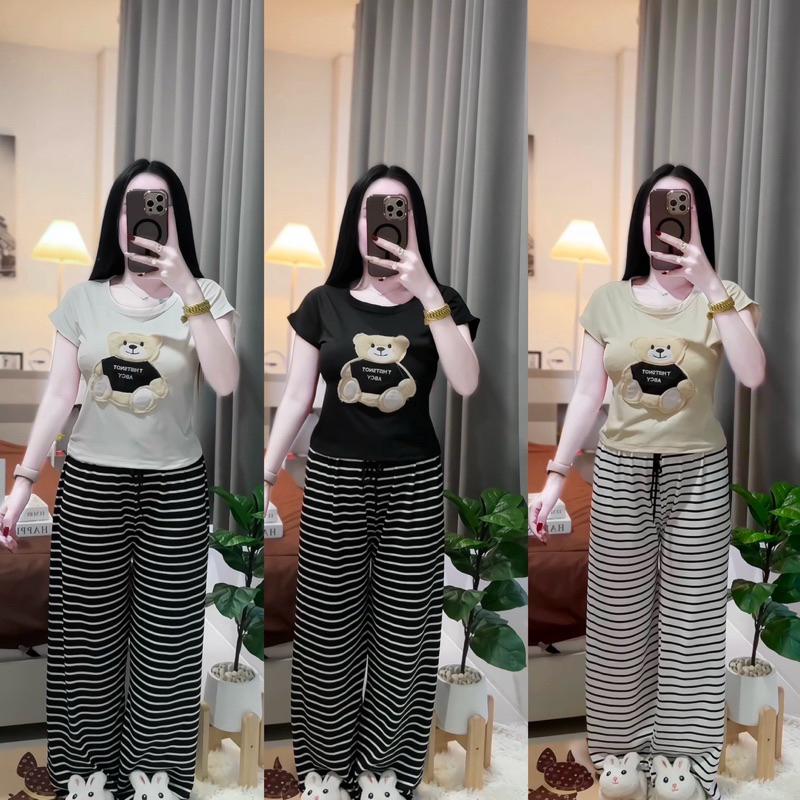ชุดเซ็ต2ชิ้นหมีขายาวเสื้อปักรูปหมี+สกรีนรูปหมี น่ารักพร้อมกับกางเกงลายริ้วขายาว