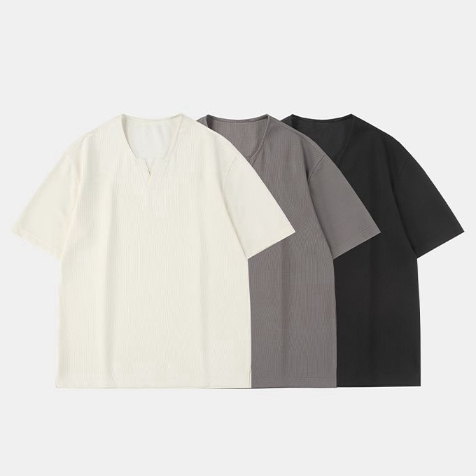 CLIFF แขนสั้น ฤดูร้อน วาฟเฟิลด์ ผู้ชาย สไตล์เกาหลี คอวีขนาดเล็ก แบบหลวม เสื้อยืด รูปที่ 2