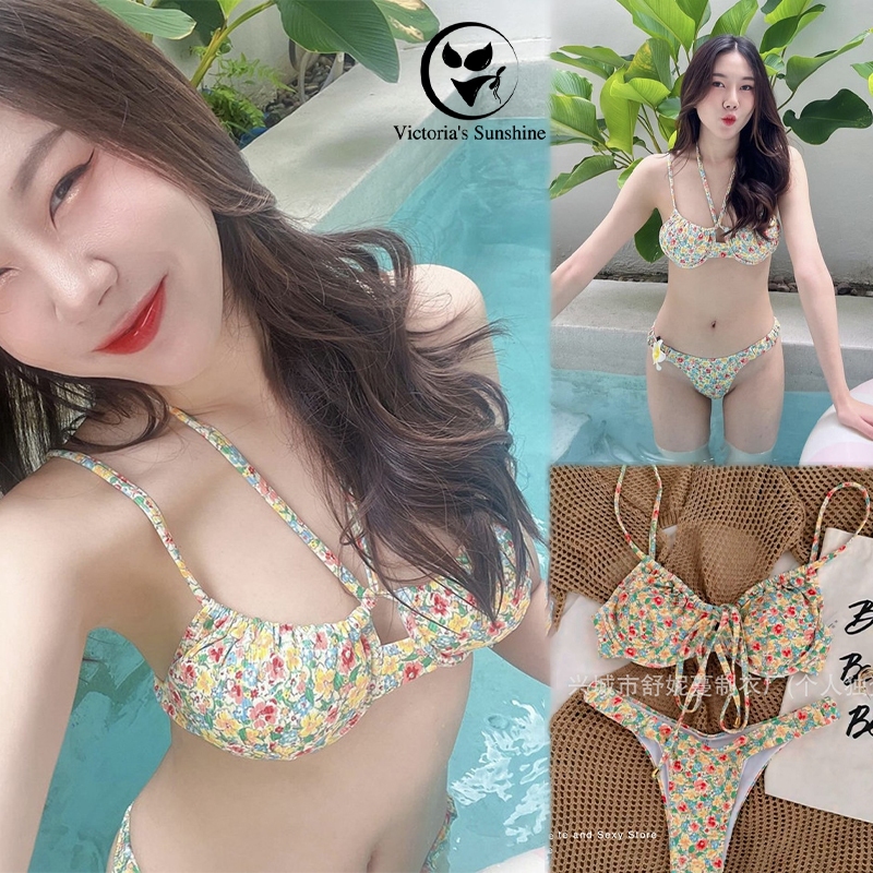 ส่งไวจากไทย บิกินี่ ทูพีช sexy bikini ชุดบิกินี่ ลายดอกไม้ โชว์หลัง ลดราคา50%