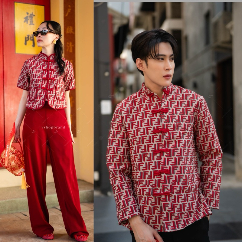 Code : 0101-1 Set กี่เพ้าเสื้อแขนสั้นผ้าทอ + กางเกงขายาวผ้าพื้น เสื้อกี่เพ้าผู้ชาย งานป้าย Vshop