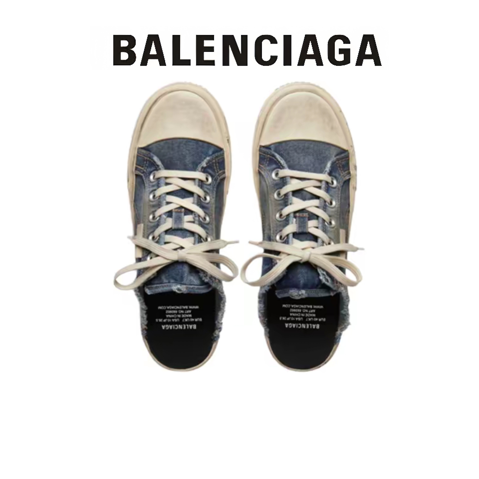 รองเท้าแตะส้นแบน Balenciaga Paris สำหรับผู้ชายและผู้หญิงรองเท้าลำลองสีน้ำเงินเดนิม