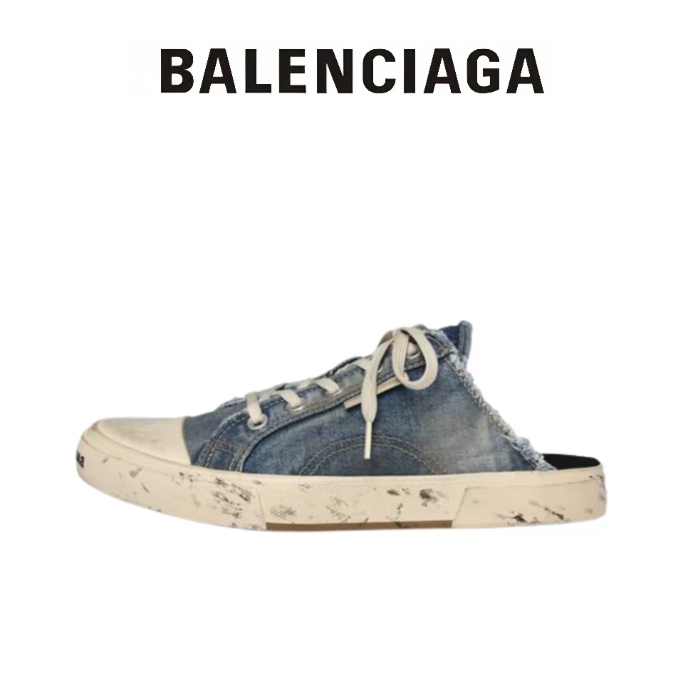 รองเท้าแตะส้นแบน Balenciaga Paris สำหรับผู้ชายและผู้หญิงรองเท้าลำลองสีน้ำเงินเดนิม