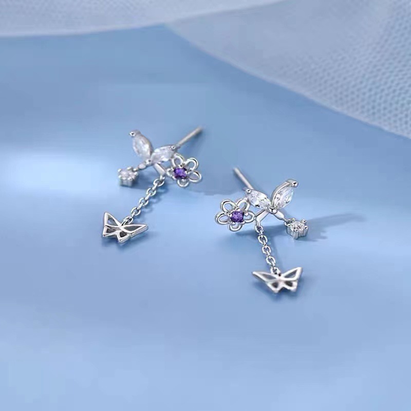ต่างหูเสียบ ผีเสื้อ ดอกไม้ มีห้อยเล็กๆน่ารักมาก เงินแท้ 1คู่ [รหัสS31]