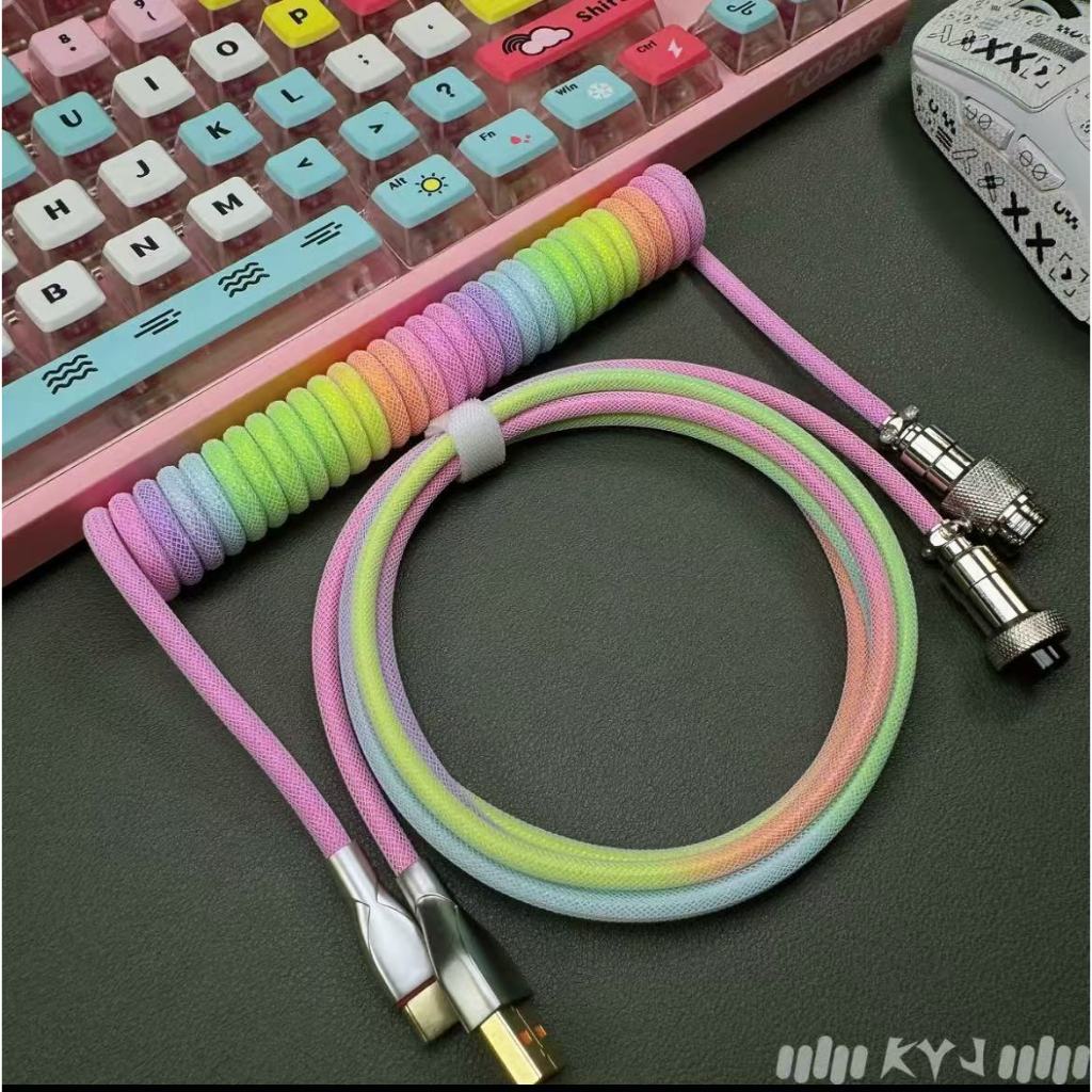 สายคีย์บอร์ด USB C to A สายถัก Single Sleeve PET Mechanical Keypad ม้วน USB ประเภท C มินิเกลียวเคเบิ้ลสี