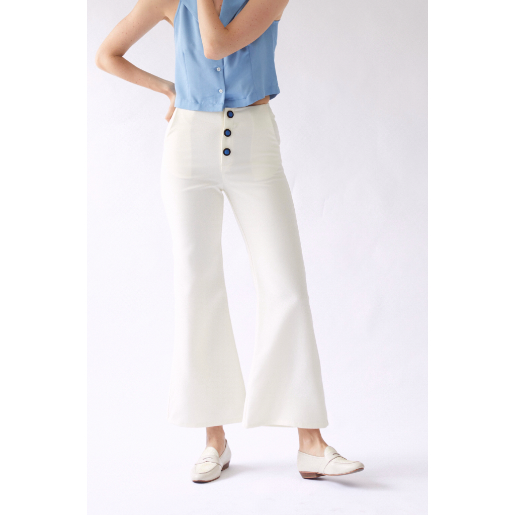 RALLY Western Slacks (Off-white) - กางเกงเอวสูงดีเทลกระดุมสีครีม