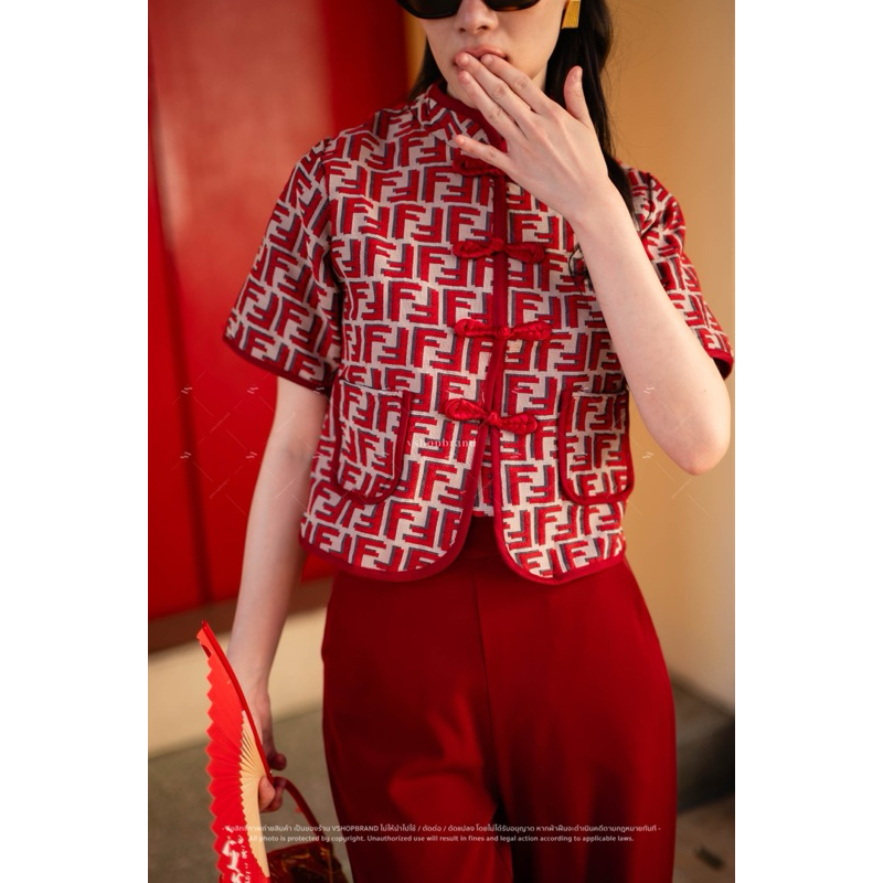 ทักก่อนสั่ง 0101 S-XL Set กี่เพ้าเสื้อแขนสั้นผ้าทอลาย + กางเกงขายาวผ้าพื้น VSHOP