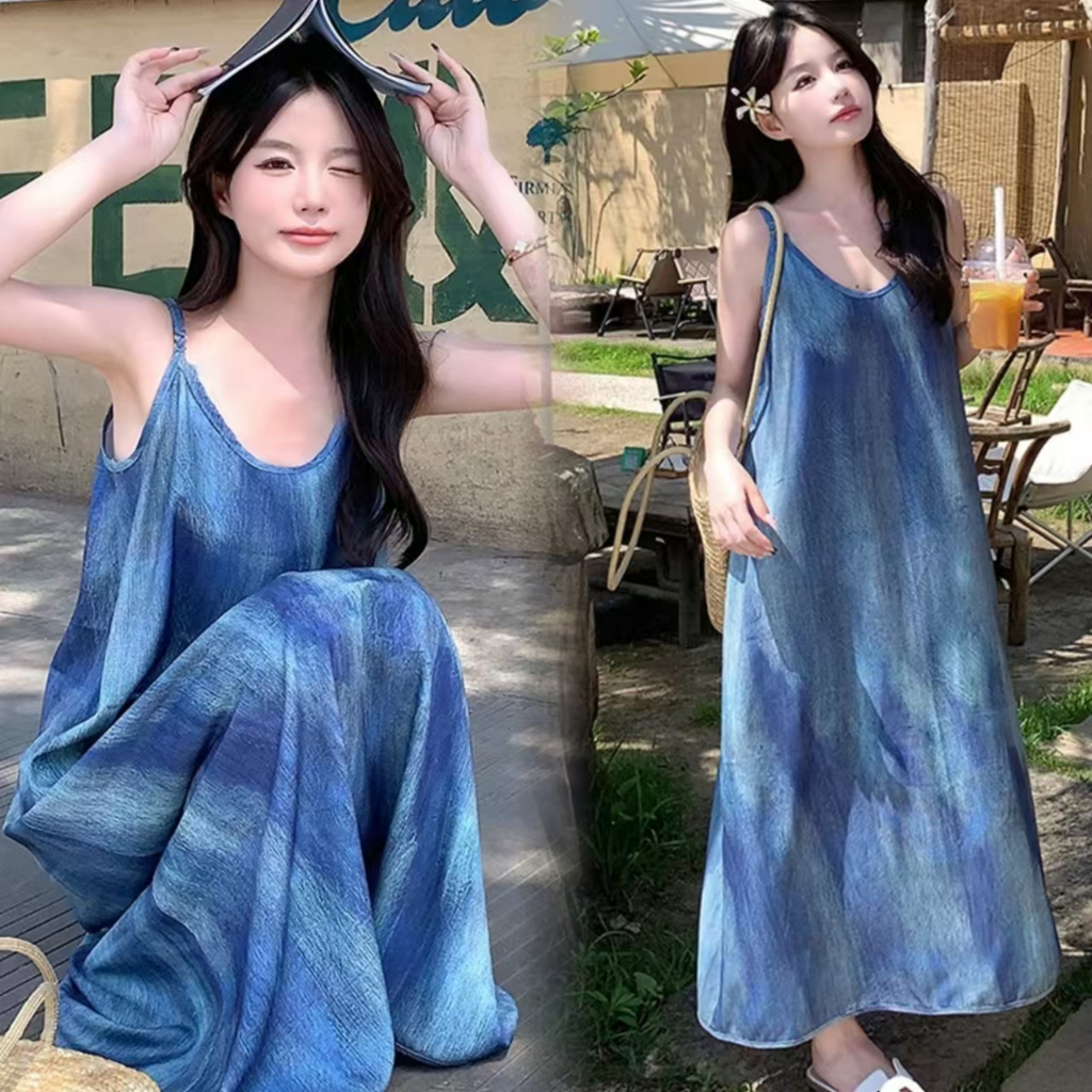 Beryl ชุดเดรสยาวผ้ามัดย้อมเที่ยวทะเล แฟชั่น หลวมๆ สีฟ้า