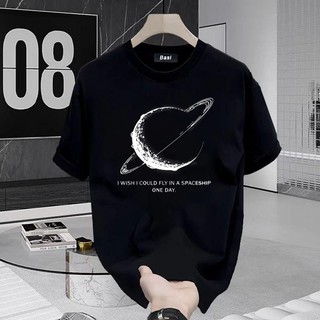 Basi💥 เสื้อดำ เสื้อ oversize สกรีนหน้าหลัง ลาย ดาวเคราะห์ มิติ ผ้าคอตตอน 100% เนื้อผ้าเกรดพรีเมียม คอกลม ใส