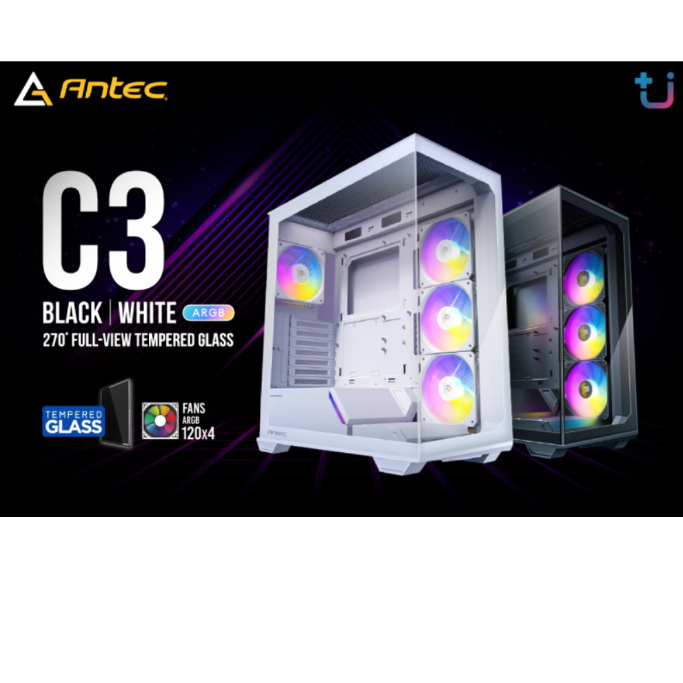 CASE (มีพัดลม ARGB 4 ตัว) ANTEC C3 มุมมองพาโนรามาด้วยกระจก Tempered Glass (ATX) -ของแท้ 1 ปี