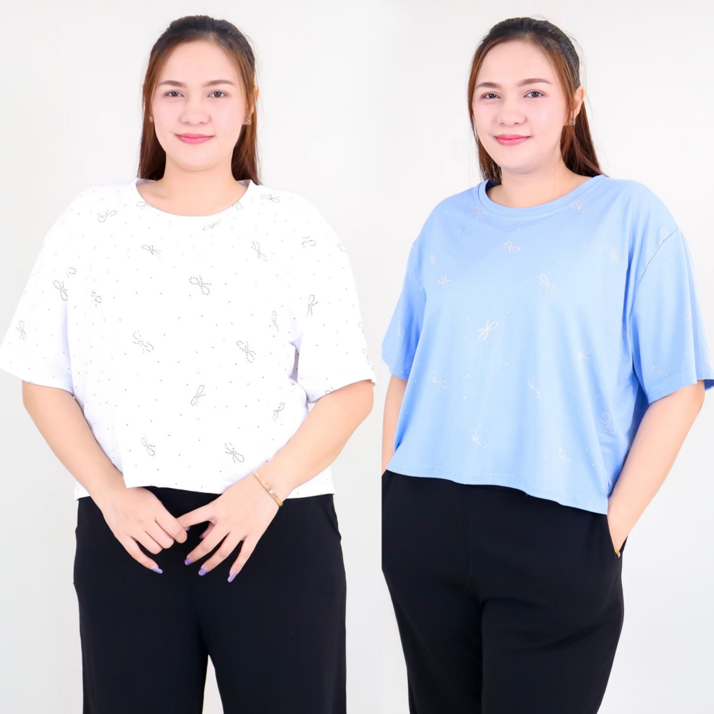 315# เสื้อยืด สาวอวบ ไซส์ใหญ่ เสื้อคอกลม แขนสั้น ทรงครอป ตกแต่งเพรชลายโบว์ ผ้าคอตตอนผสม