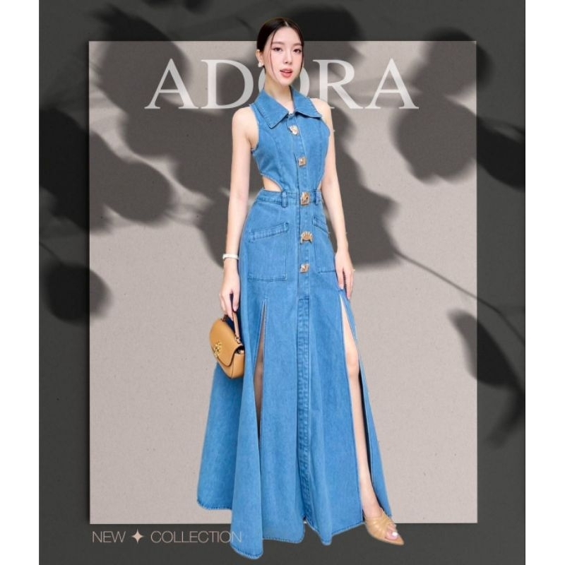 ADORA เดรสยาวเนื้อผ้ายีนส์ ดีไซน์คอปก เว้าเอวสองข้าง ช่วงกระโปรงผ่าหน้า เพิ่มความเก๋ ด้วยอะไหล่กระดุมโลหะ