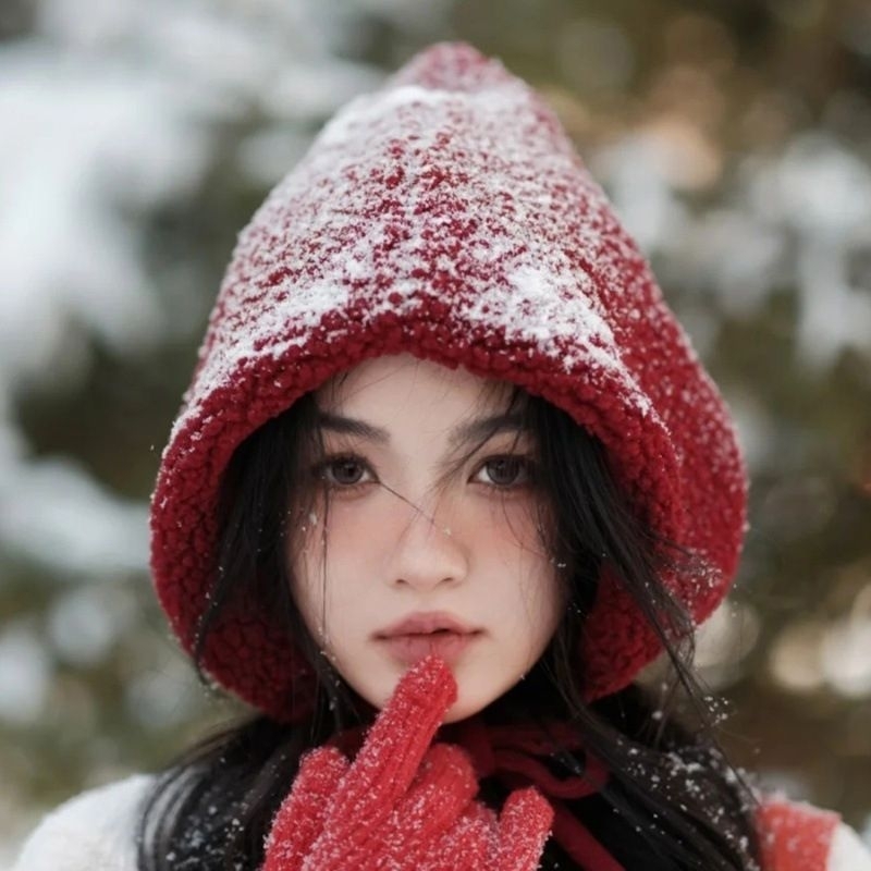 หมวกขนแกะ(เทียม) หนูน้อยหมวกแดง หมวกบีนนี่ผูกคาง น่ารักขนปุย