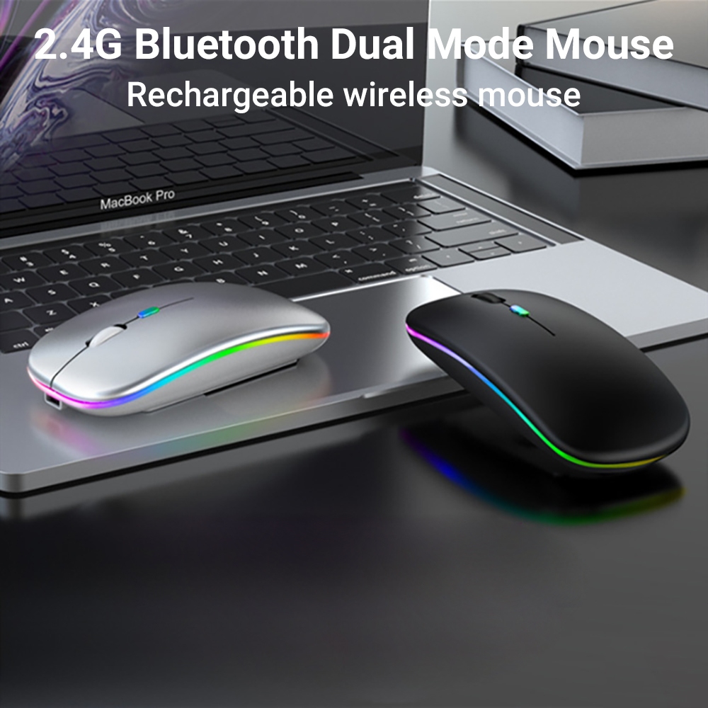 เมาส์บลูทูธไร้สาย เมาส์โน้ตบุ๊กแบบบางเงียบพร้อมไฟ LED โหมดคู่ พกพาได้ (BT5.1 + ตัวรับ USB) เมาส์คอมพิวเตอร์โหมดคู่