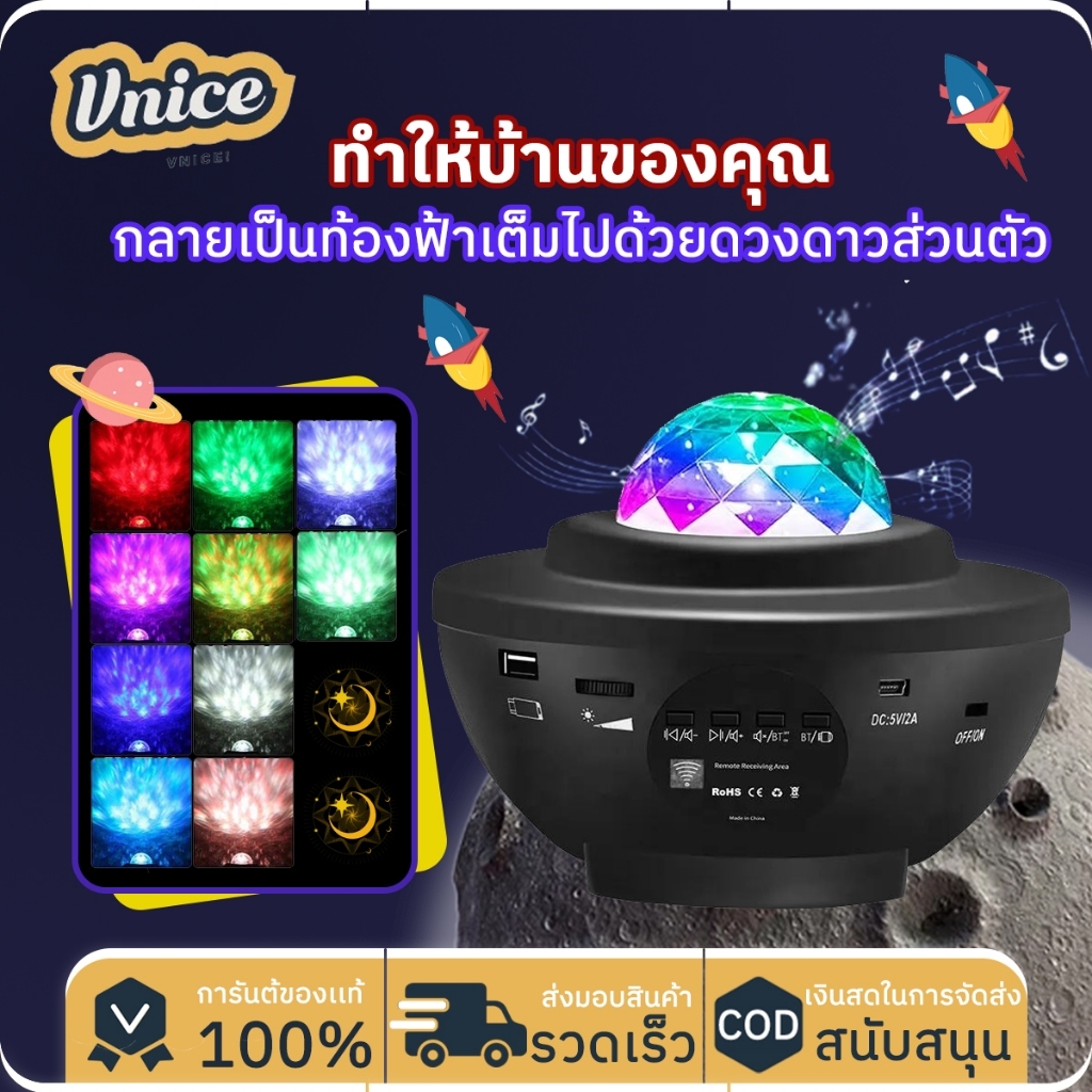 VNICE โคมไฟดาว ไฟตกแต่งห้องนอน โคมไฟดาว Night Light โคมไฟโปรเจคเตอร์ พร้อมลำโพงบลูทูธ ไฟแต่งห้อง sky projector