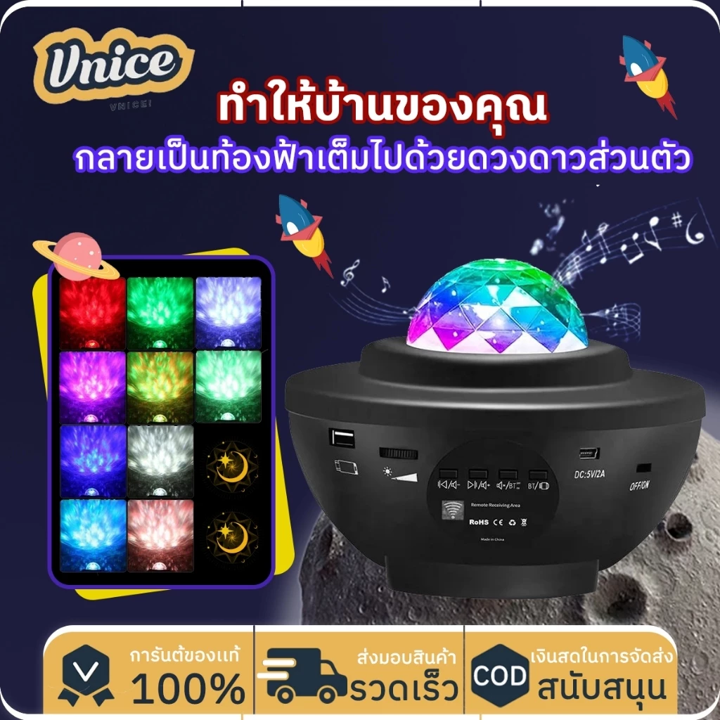 VNICE โคมไฟดาว ไฟตกแต่งห้องนอน โคมไฟดาว Night Light โคมไฟโปรเจคเตอร์ พร้อมลำโพงบลูทูธ ไฟแต่งห้อง sky projector