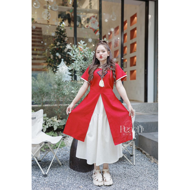 (ตรุษจีน 11) ชุดเซทผ้าฝ้ายแต่งแถบลีซอเสื้อกระโปรง