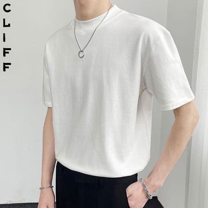 CLIFF ฤดูร้อน ผู้ชาย แขนสั้น สีล้วน คอเต่า เรียบง่าย ลำลอง