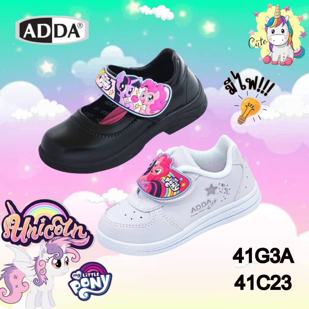 ADDA รองเท้านักเรียน Pony ปี 2025 โพนี่ มีไฟกระพริบ หนังดำ รองเท้าผ้าใบ อนุบาล รุ่น 41G3A/41C23