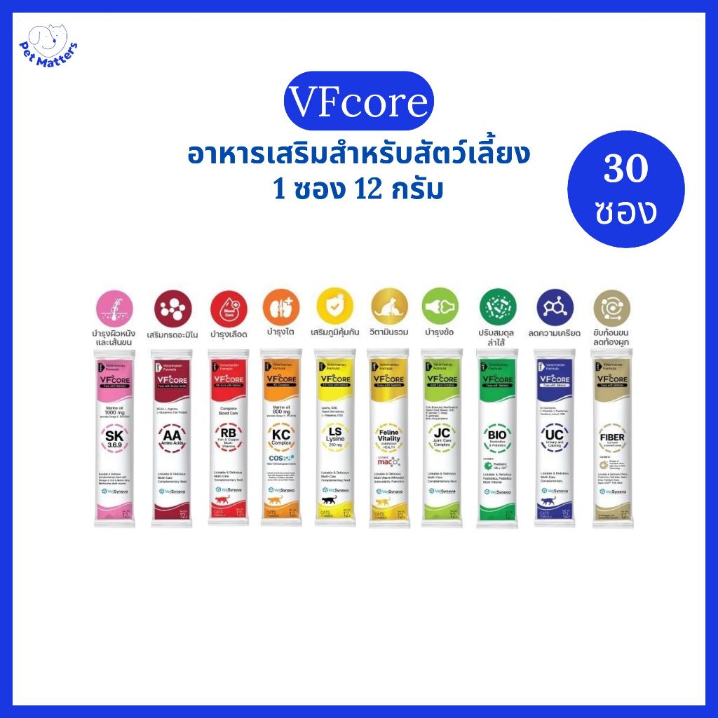 [30 ซอง] VFcore แมวเลีย สุนัขเลีย อาหารเสริมสัตว์เลี้ยง วิตามินรวม ขนาด 12 กรัม ไม่คละสูตร