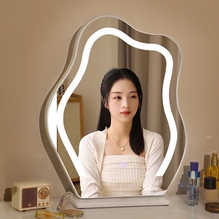 กระจกตั้งโต๊ะ กระจกแต่งหน้าทรงก้อนเมฆมีไฟ LED พร้อมฐาน กระจกตกแต่งบ้าน พร็อพถ่ายรูป สไตล์มินิมอล