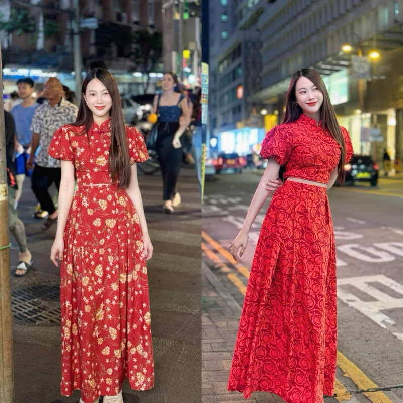 TANTANOD -รหัสCNY11 ชุดเซ็ต2ชิ้นตรุษจีน เสื้อครอปคอจีนแขนตุ๊กตา กระโปรงยาว