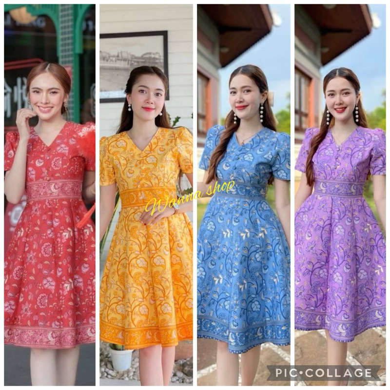 เดรสผ้าปาเต๊ะ กระโปรงบาน 8 ชิ้น อัดกาวพร้อมส่ง