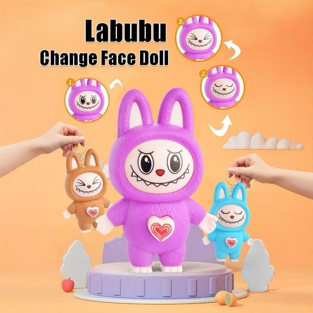 พร้อมส่ง พวงกุญแจเปลี่ยนหน้า ของเล่นเปลี่ยนหน้า Labubu พร้อมกุญแจ เปลี่ยนหน้า3แบบ ของเล่นฟิกเกอร์พลาสติก การ์ตูนตลก