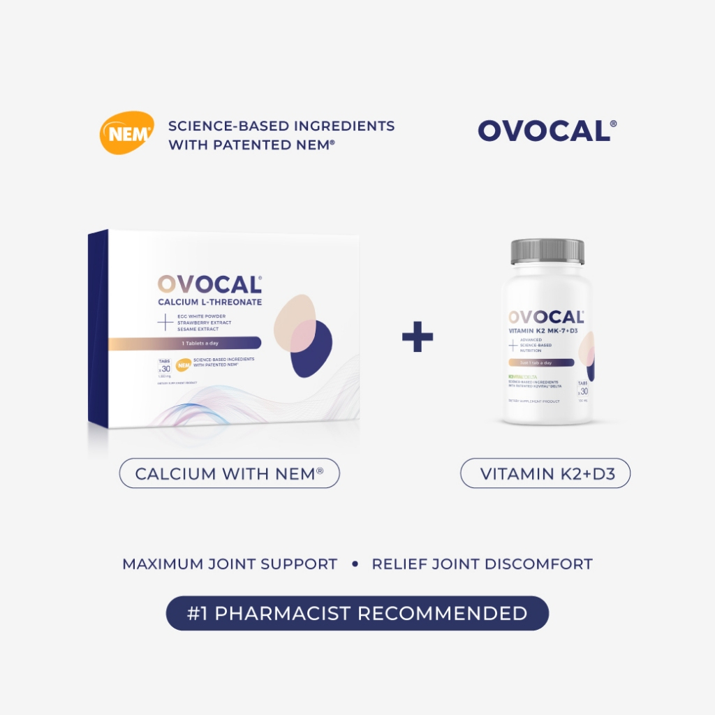 OVOCAL Calcium L-Threonate + NEM® for joint 30 tab + Vitamin K2+D3 30 tab ชุดแก้ปวดเข่า ฟื้นฟูข้อเข่