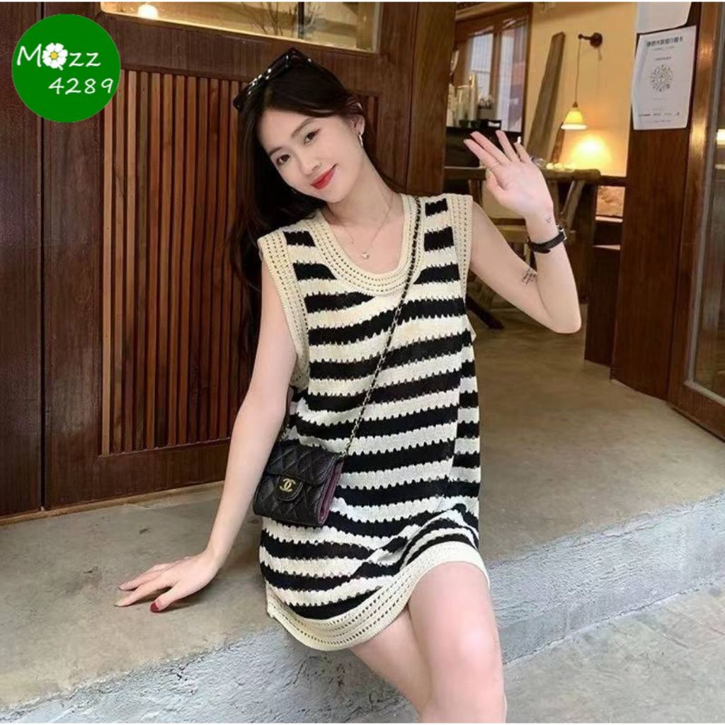 MQzz4289 พร้อมส่ง เสื้อเดรสแขนกุดไหมพรมลายทาง เก๋ไก๋ ใส่ยังไงก็สวย FreeSize