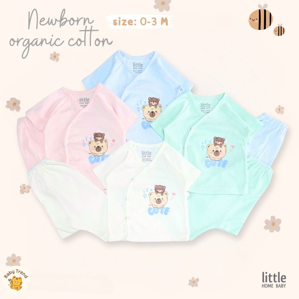 Little Home Baby ชุดเซ็ทเสื้อกระดุมสแน๊ปหน้าและกางเกงทารก 0-3 เดือน ผ้าร่องแขนสั้น คอตตอน มีหลายสีให้เลือก