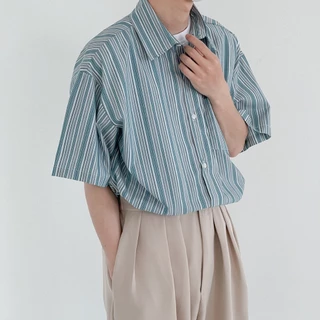 CLIFF เสื้อเชิ้ตผู้ชาย แขนสั้นลายทาง แมทช์ลุคง่าย แบบหลวม แฟชั่น