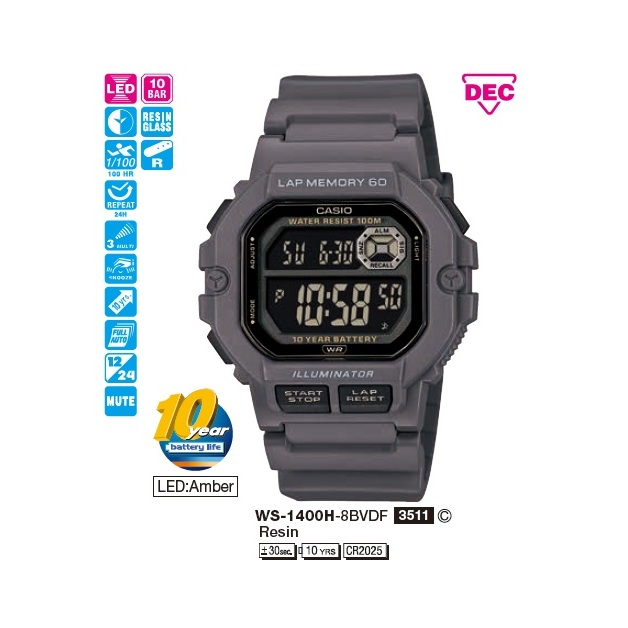 Casio นาฬิกาข้อมือผู้ชาย รุ่น WS-1400H-8BVDF Sporty Men's Watch Quartz - รูปที่ 4