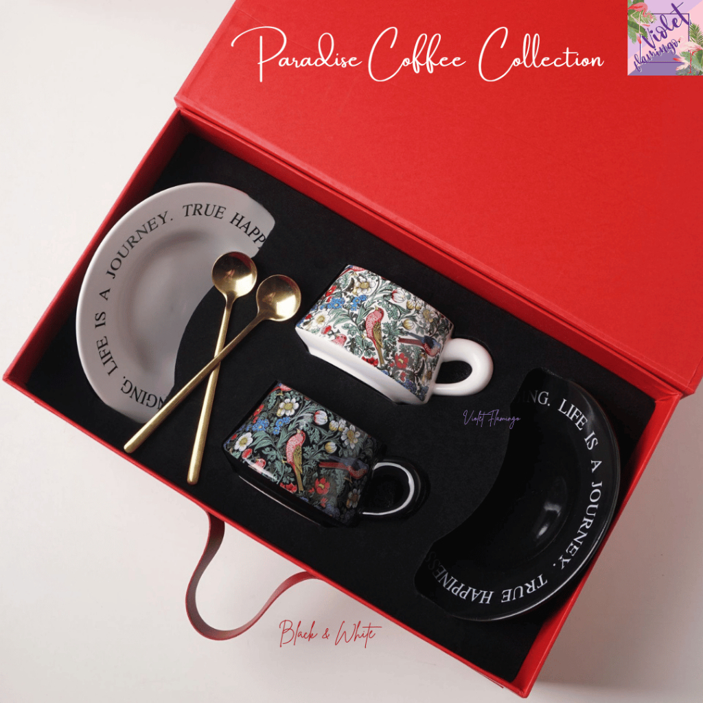 Violet Flamingo ชุดของขวัญ เซ็ตแก้วกาแฟ+จานรอง Paradise Coffee Collection มาพร้อมกล่องของขวัญสีแดงสุ