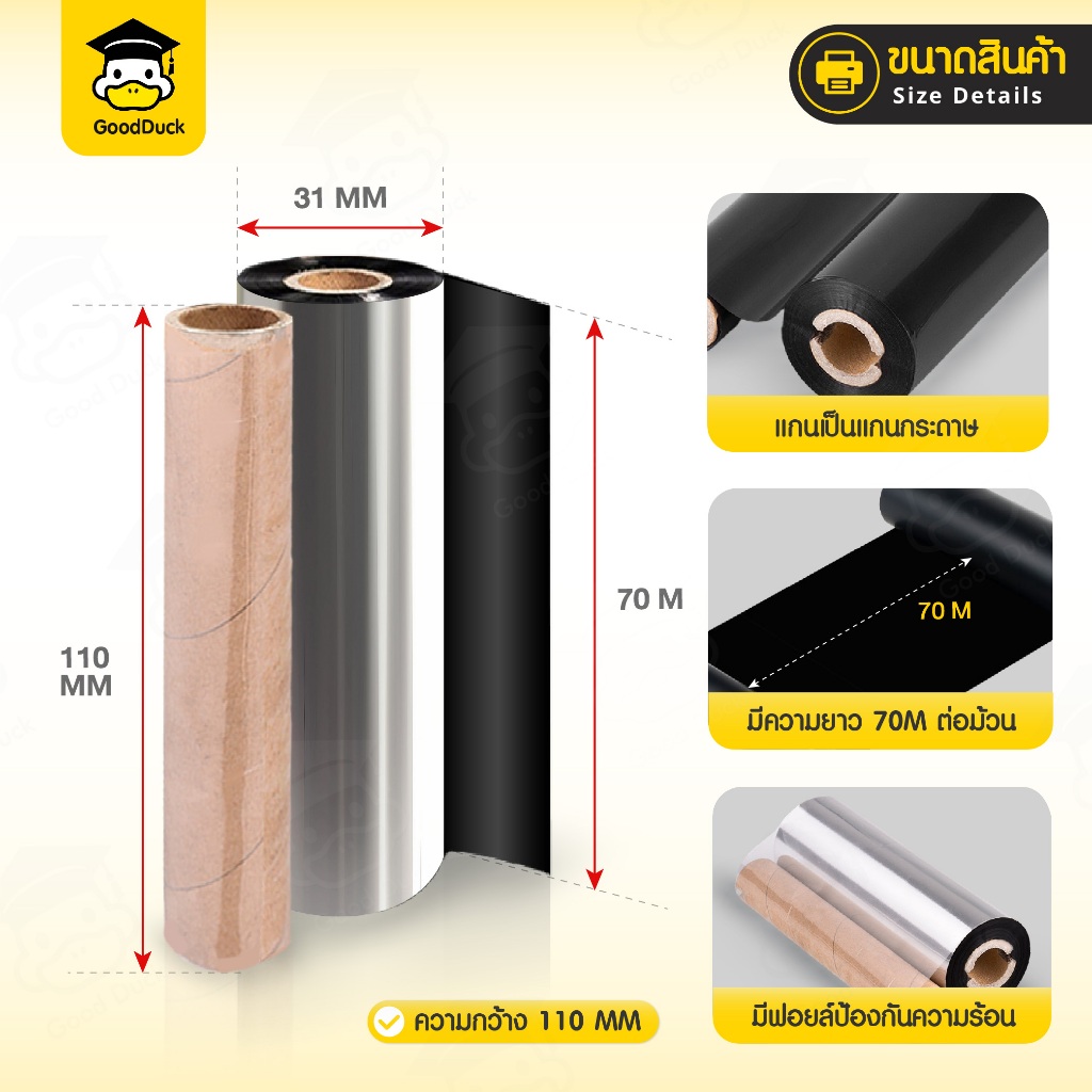 หมึกริบบอน หมึกพิมบาร์โค้ด สีดำ มี 2 ขนาด 110x70 110x300 Printer Ribbon เครื่องปริ้นความร้อน