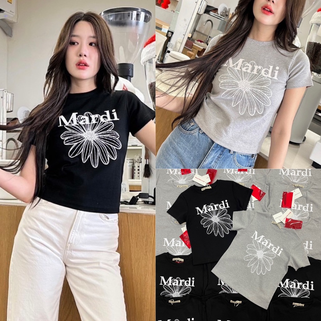 เสื้อยืดคอกลมแขนสั้นทรงครอแแบรนด์ดัง ลายดอกไม้แบรนด์สุดฮิต งานชนช็อปแบรนด์ดังเกาหลีเลยค่าา ผ้ายืดหยุ่น ทรงสวย