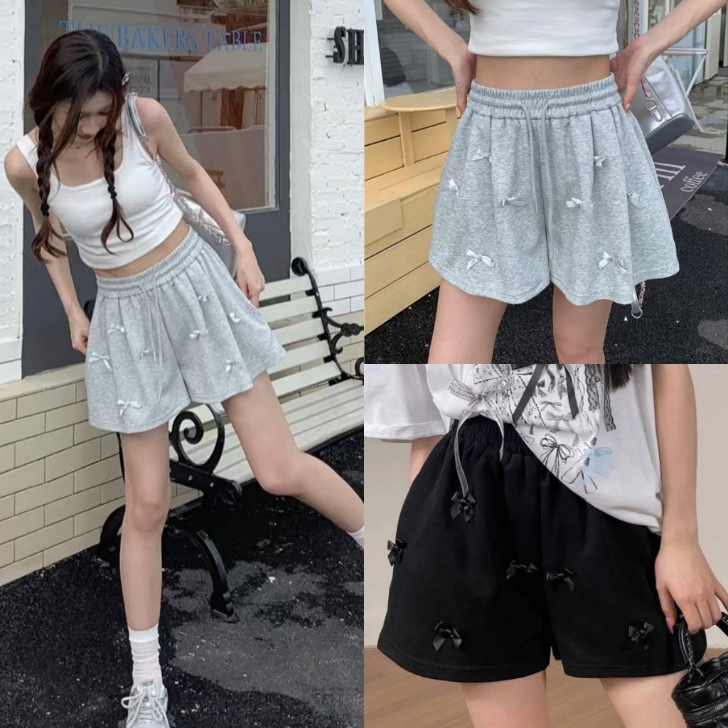 Beryl  กางเกงขาสั้นเอวยางยืด ดีไซน์โบว์ กางเกงทรงหลวม