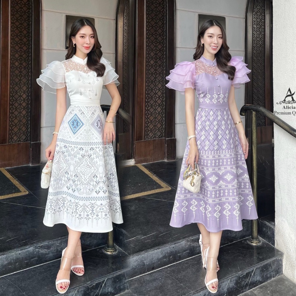 S-XLชุดเดรสพิมพ์ลายไทยสีขาว,สีม่วง,ฟ้า กระโปรงทรงเอบานสวยๆ