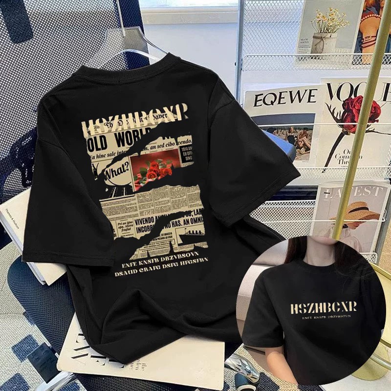 Basi เสื้อดำ เสื้อ oversize สกรีนหน้าหลัง ลาย HSZHBCXR มิติ ผ้าคอตตอน 100% เนื้อผ้าเกรดพรีเมียม คอกลม ใส่สบาย