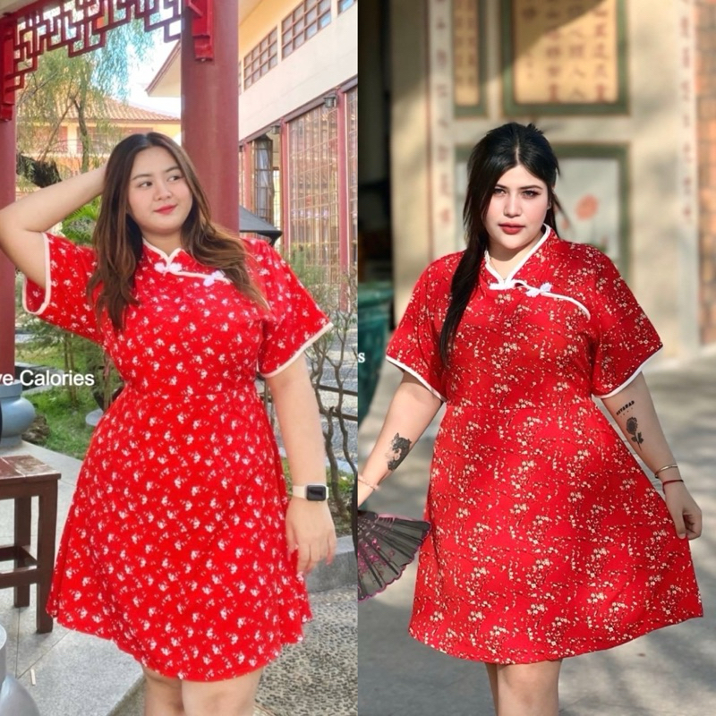 เดรสกี่เพ้า ชุดเดรสสาวอวบ อก40-50นิ้ว Freesize กี่เพ้าต้อนรับตรุษจีน
