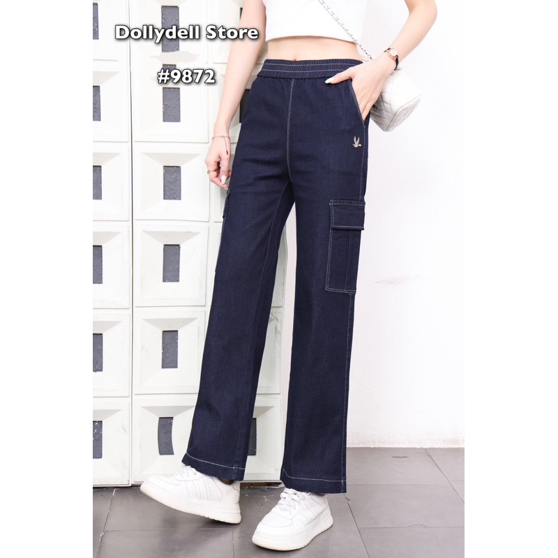 9872 กางเกงยีนส์ Dolly Dell คาร์โก้เนื้อผ้ายีนส์ยืด สีเข้ม