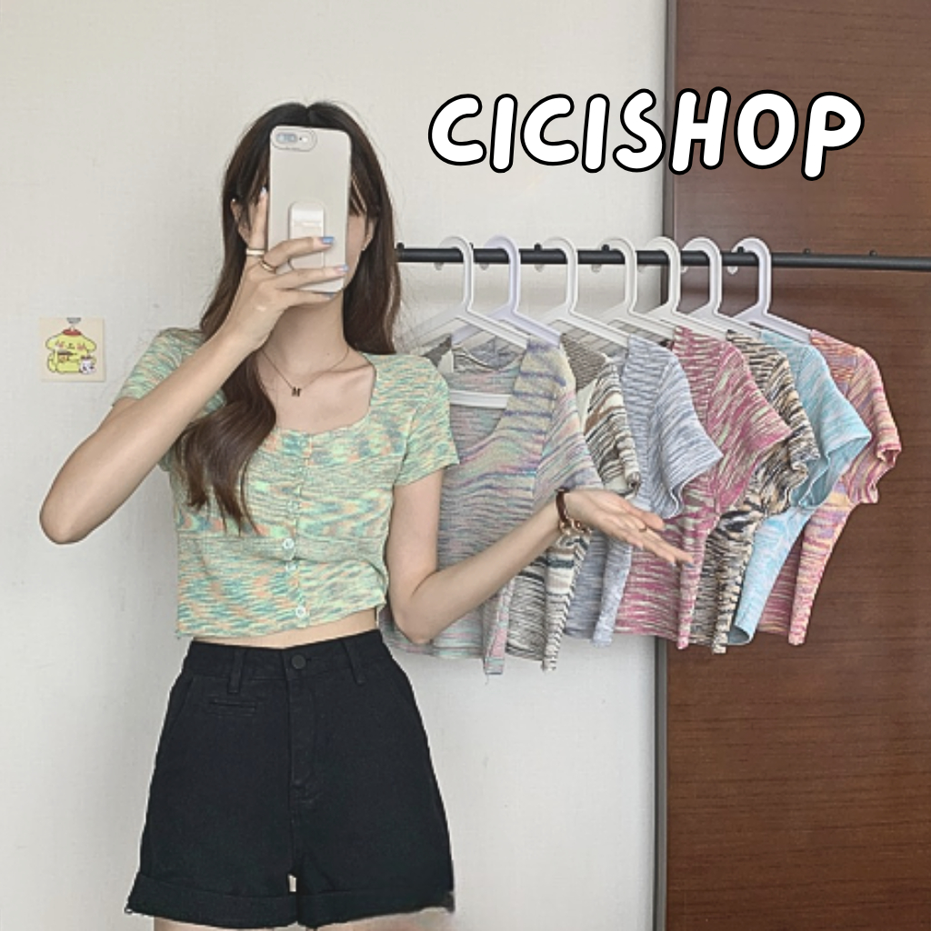 Cicishop(9323-2)เสื้อครอปไหมพรมแขนสั้น แต่งกระดุมหน้า ลายพาสเทลสุด Cute