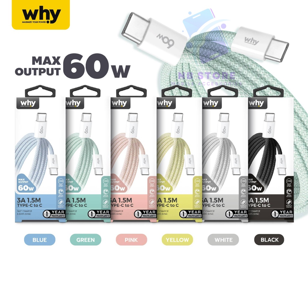 Why Santo สายชาร์จ Type-C to Type-C ยาว 1.5M 60W สีพาสเทล UC-5013C