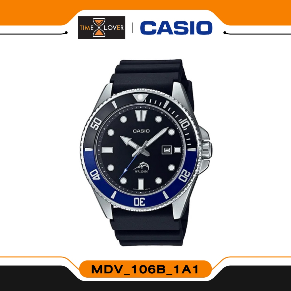 Casio Duro 200 Diver's สัญญลักษณ์ปลากระโทงร่ม เรือนผู้ชาย สายเรซิ่น รุ่น MDV106B-1A1 ขอบดำ/น้ำเงิน สีดำ