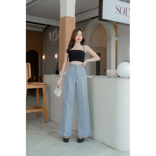 กางเกงขากระบอกเอวสูง ตอกตะขอหน้าเรียบ ผ้าเปเป้ ยาว40“ (S-3XL) ปลายขากว้าง12”